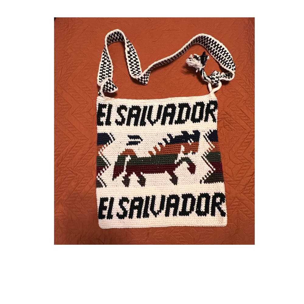 Vintage El Salvador Handmade Woven Morral Bag Knit Crossbody Boho Purse w/ Horse